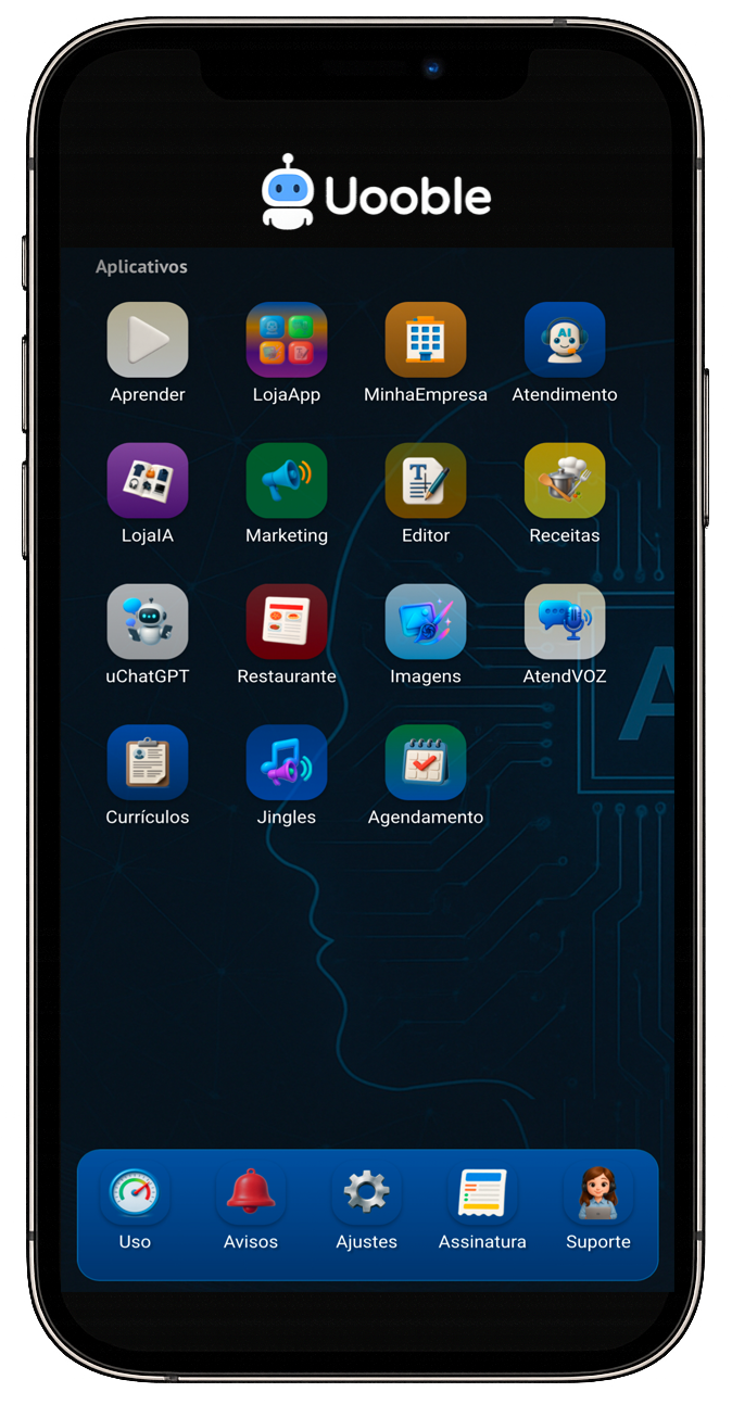 Painel de aplicativos da Uooble em um celular